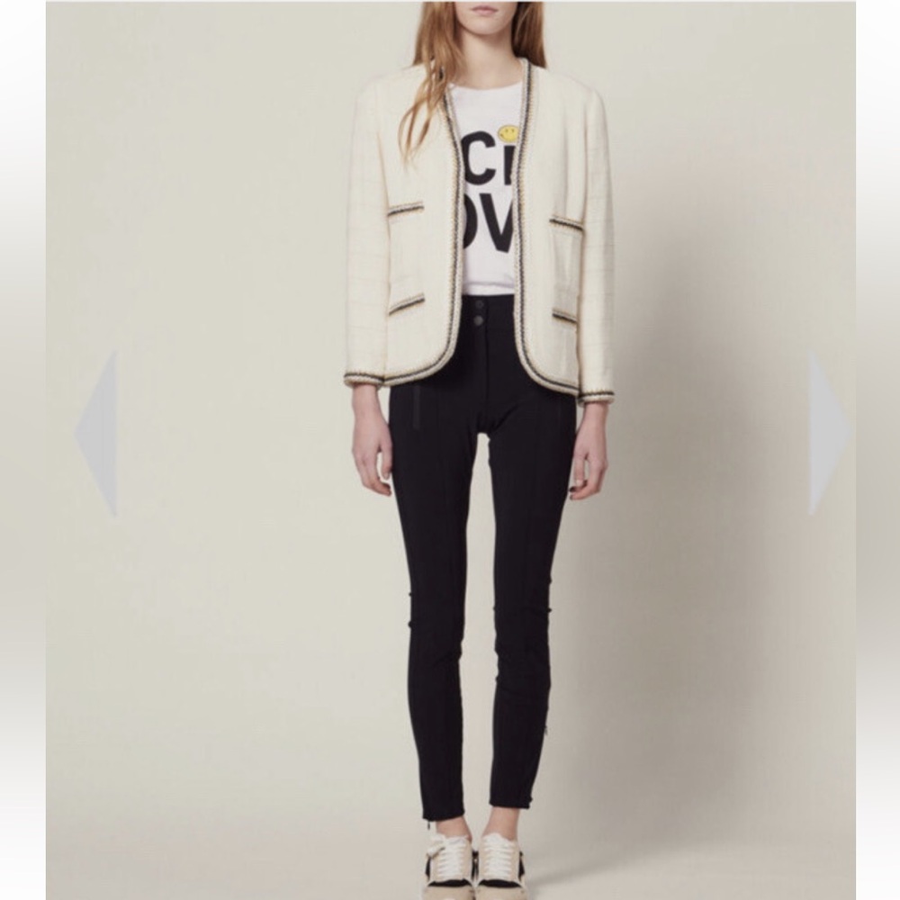Sandro Adeline Tweed Jacket Blazer Ecru Metallic Trim Hook Closure